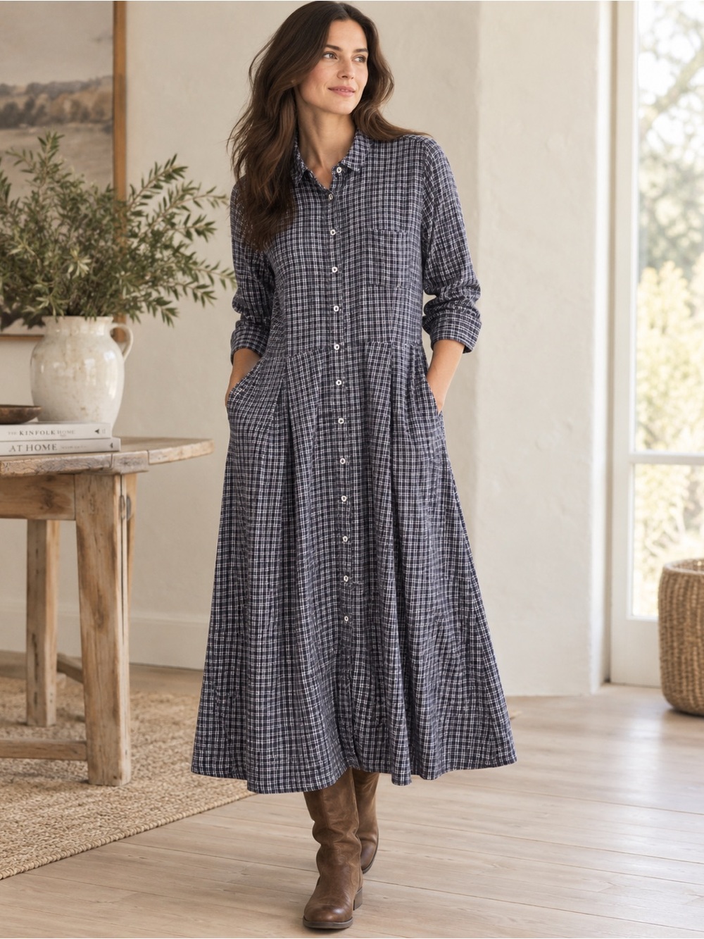 Garnet Hill Organic Cotton Flannel Plaid Midi Shirt Dress Plus Size 14 Purple